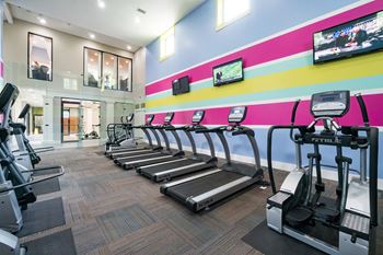 a row of treadmills in front of a colorful wall in a gym at Elme Druid Hills, Georgia